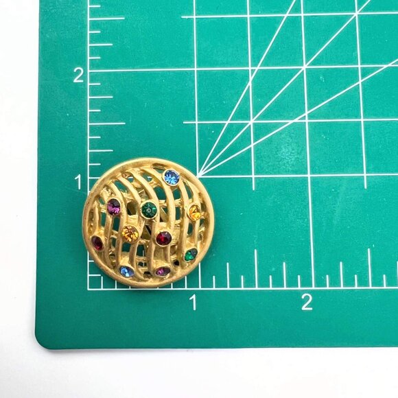 Gold tone round open work clip earrings with multicolor rhinestones accent - Picture 4 of 4